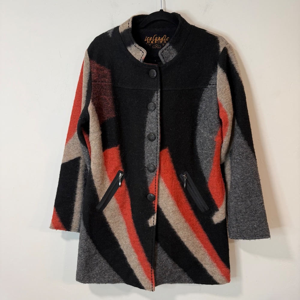 Icelandic Design Womens Wool Coat Jacket Large Black Red Abstract Geometric Mock